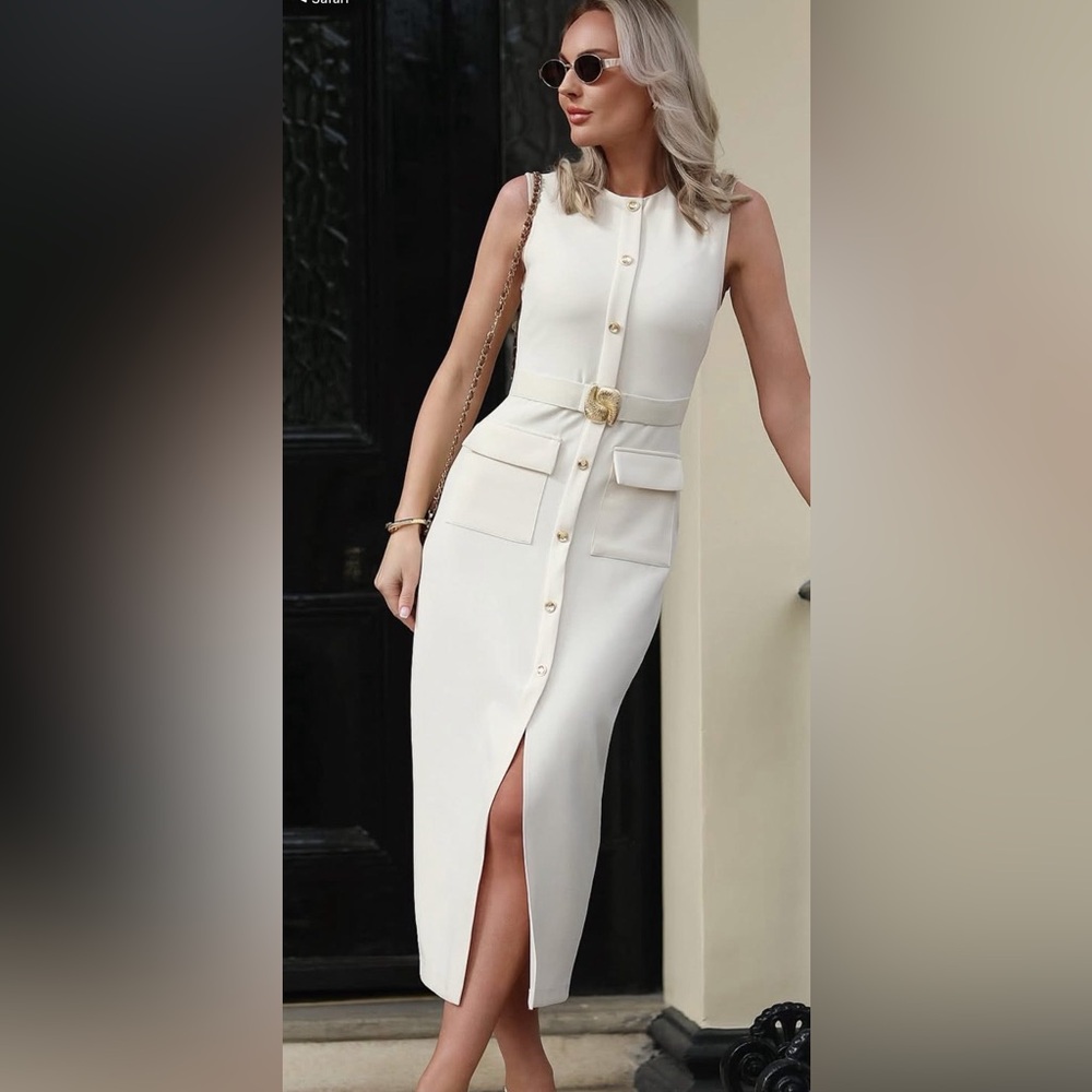 Zara NWT Elegant Cream Sleeveless Belted Midi Dress with Gold Details (Medium) - Picture 4 of 16